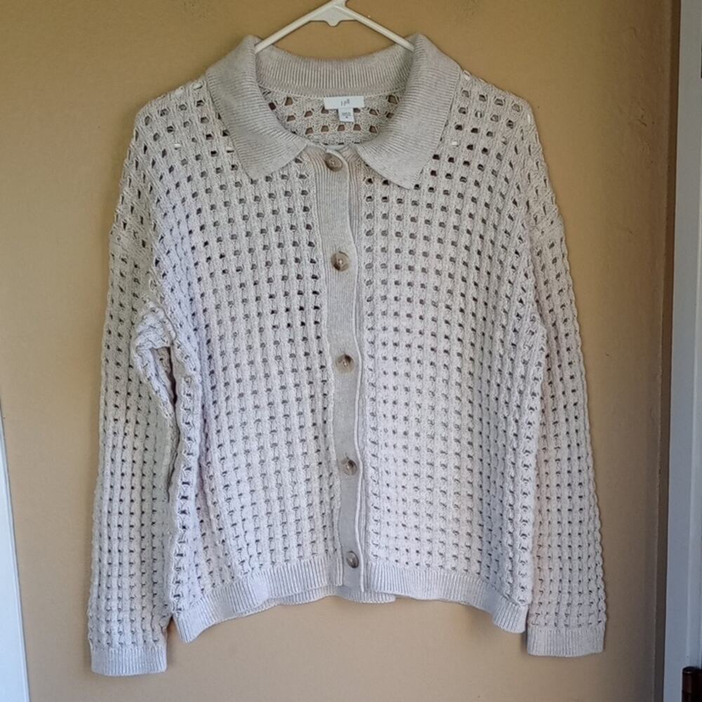 J.Jill Open Knit Button Front Cardigan Cotton Blend Collar Detail Size M